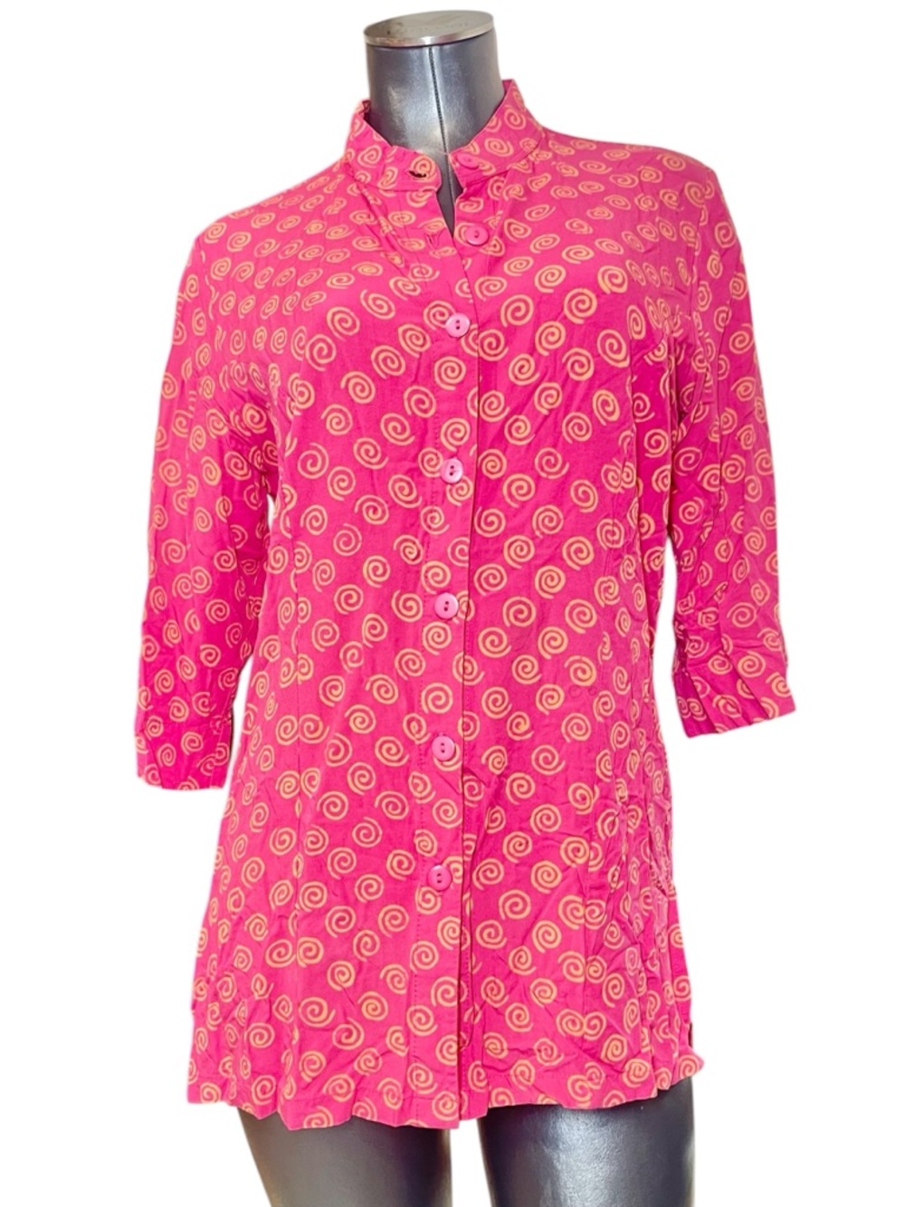 Go Fish Clothing Co Pink Swirl Print Button Up Tunic Top Women’s S Boho Artsy
